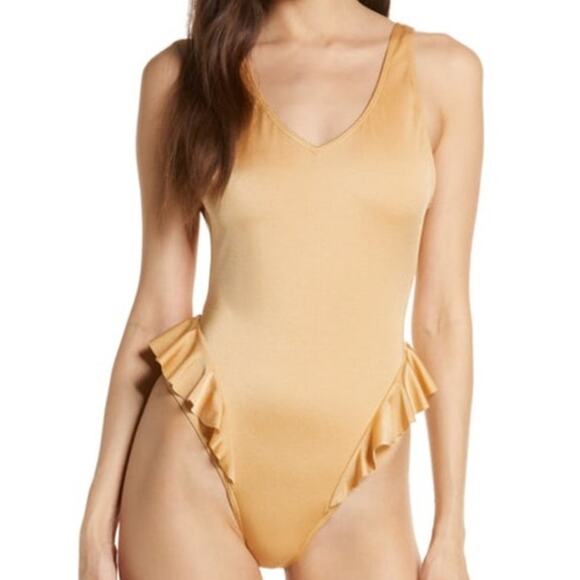 Something Navy NWT Beige Crystal Metallic Frill One-Piece Open Back Swimsuit - Picture 1 of 10